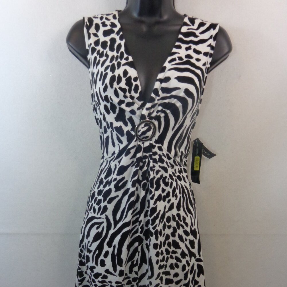 Jones New York Signature Dress Women's L Black White Sleeveless Animal Print New